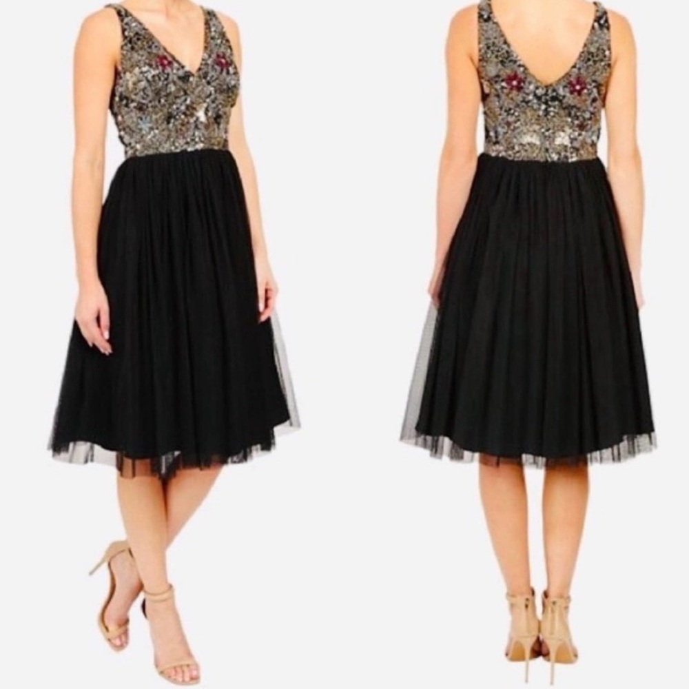 Adrianna Papell Womens Dress Black Size 2 Tulle V-Neck Beaded Bodice Cocktail